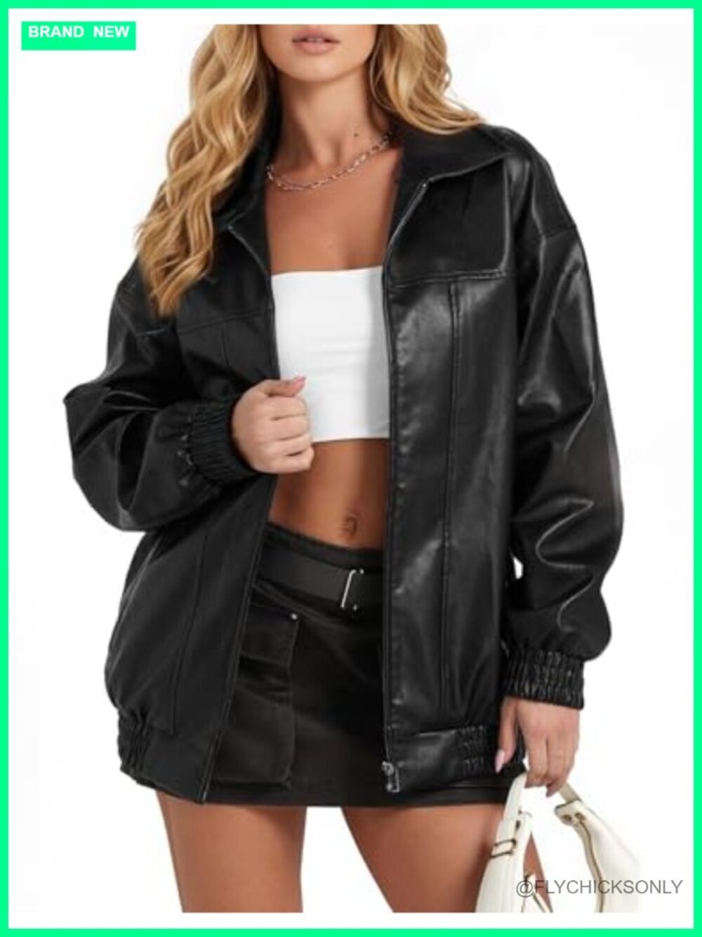Oversized Faux Leather Motorcycle Jacket with Pockets Soft Casual Zip Coat